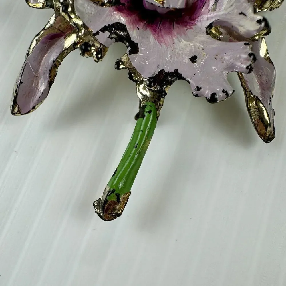 Vintage Floral Pink Purple Flower Orchid Painted Enamel Brooch Lightweight